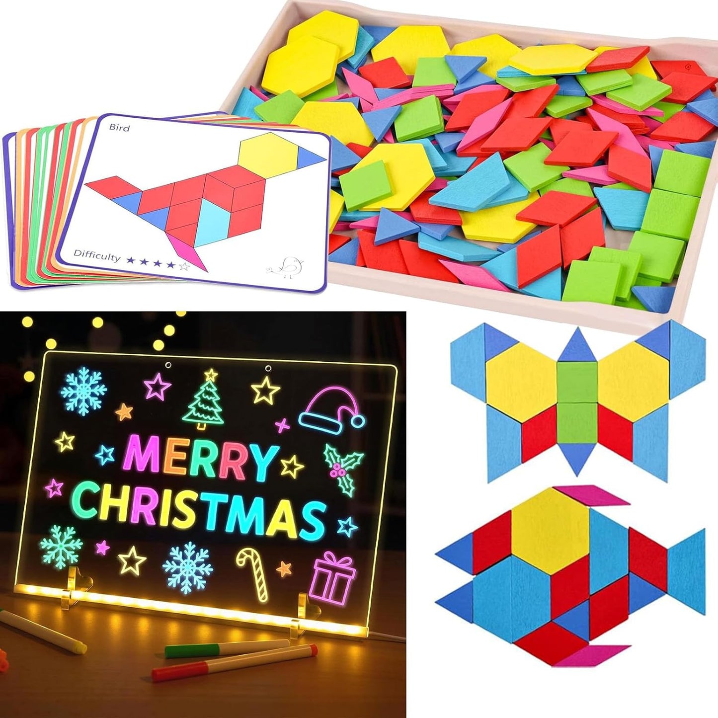 150PCS Wooden Pattern Blocks & LED Acrylic Drawing Board Bundle – Geometric Tangram Puzzle with Activity Cards and 13.7×10 Inch Light-Up Dry Erase Board for Kids,Party, and Birthday Gifts