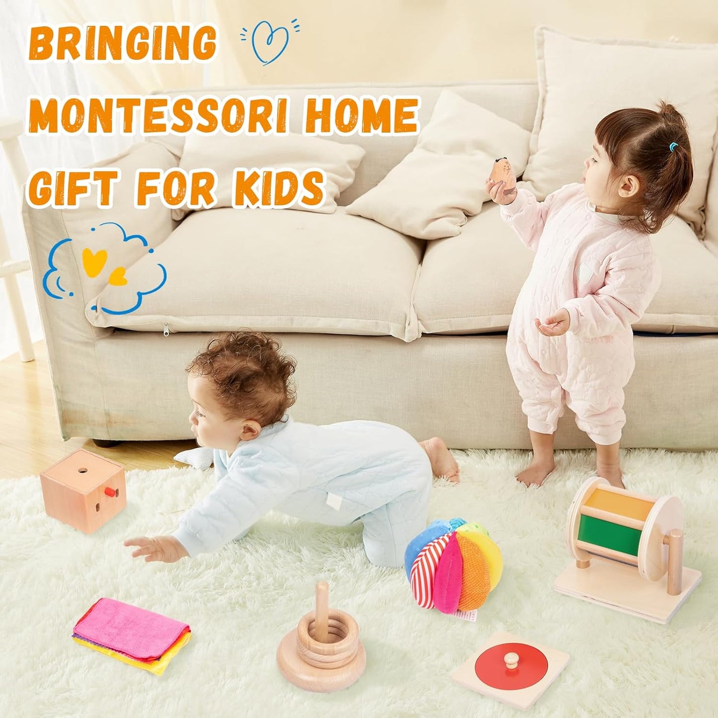 Adena Montessori Play Kit for 3-4 Months Baby,8 in 1 Wooden Learning Educational Toys for Toddler,Include Framed Mirror Book,High-Contrast Cards and More,Christmas Birthday Gift for Boys Girls