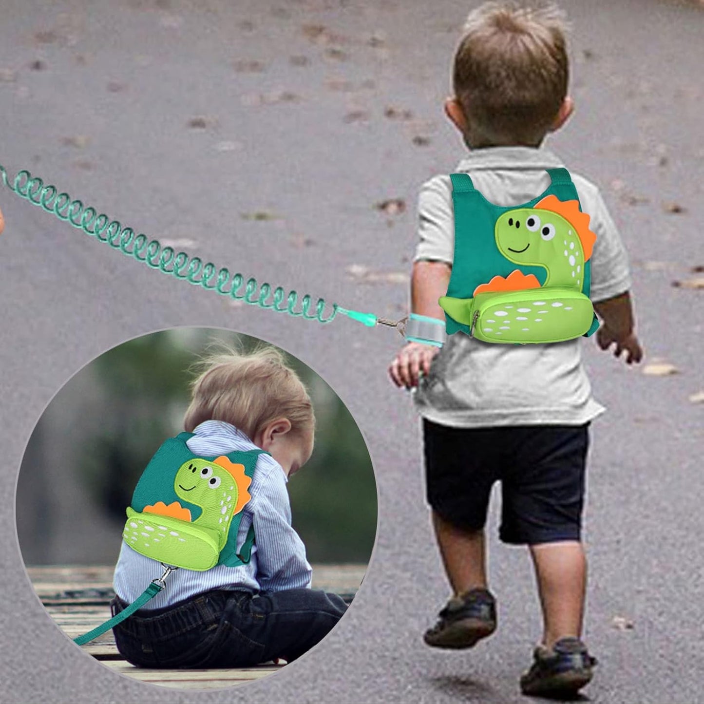 3 in 1 Toddler Harness Leash + Baby Anti Lost Wrist Link, Accmor Cute Dinosaur Child Safety Harness Tether, Kids Walking Wristband Assistant Strap Belt for Parent Boys Outdoor Activity (Black)