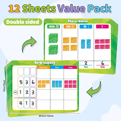 12 Pack Place Value Chart Dry Erase Flash Cards,9" x 12" Base Ten Addition and Subtraction Regrouping Math Manipulatives 1st 2nd 3rd Grade Classroom Must Haves Teacher Homeschool Supplies