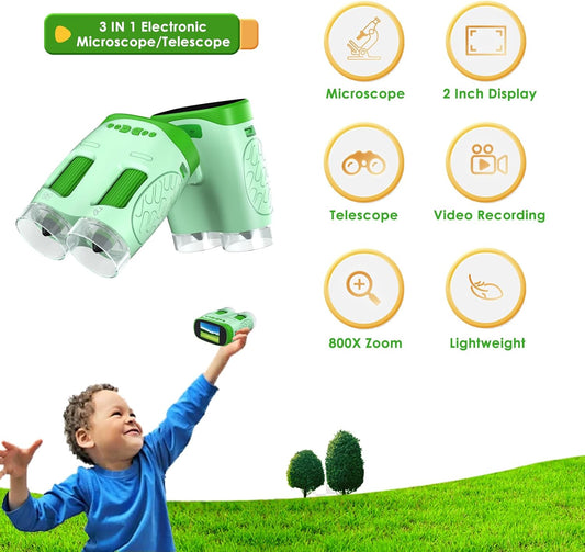 Digital Microscope for Kids, 3-in-1 2" IPS Screen Handheld Electronic Microscope Telescope Digital Camera, 800X Zoom, Taking Videos and Pictures, Adjustable LED Light, 32GB Card Included