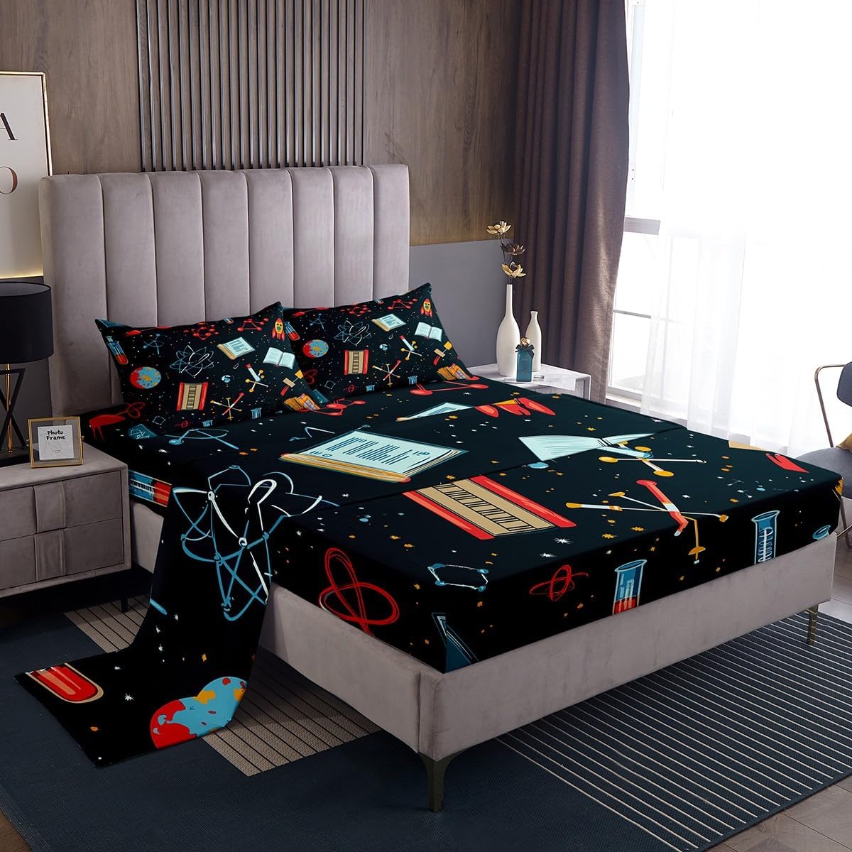 Erosebridal Science Theme Bed Sheets Set Full Size for Boys Girls Chemistry Periodic Table Print Sheet Set Chemical Subject Theme Sheets Teens Kids Math Science Atyle Fitted Sheet 4 Pcs