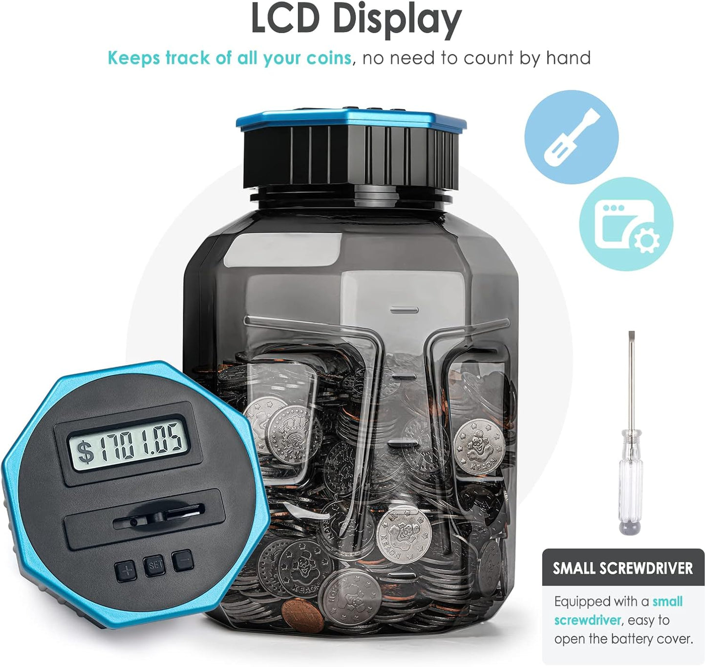 X-Large Piggy Bank for Adults Kids, Vcertcpl Digital Coin Counting Bank with LCD Counter, 2.4L Capacity, Great Coin Counter Bank Money Counting Jar with Total Amount Displayed (Silver, X-Large)