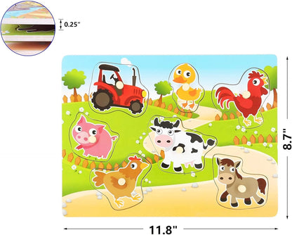Wooden Puzzles Farm Chunky Baby Puzzles Peg Board, Full-Color Pictures for Preschool Educational Jigsaw Puzzles, 7Pieces