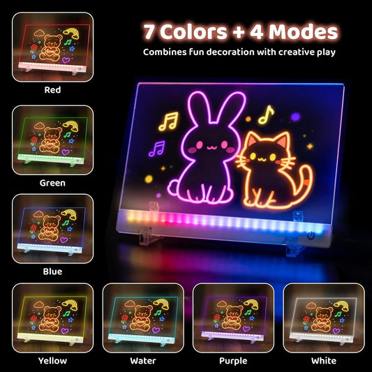 Rechargeable LED Drawing Board for Kids, 13.8 x 10 Dry Erase Board, 4 Modes &7 Colors Glowing Doodle Note Board, Include Hanging Chain, 2 Stands, 8 Markers, Spray Bottle, Cleaning Cloth, Girls Gifts