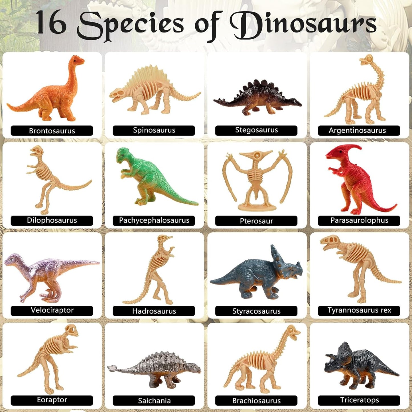 24 PCS Dinosaur Fossil Skeletons, Assorted Dinosaur Skeleton Figures, Mini Dino Figures for Science Dino Sand Dig Party Favor Decorations