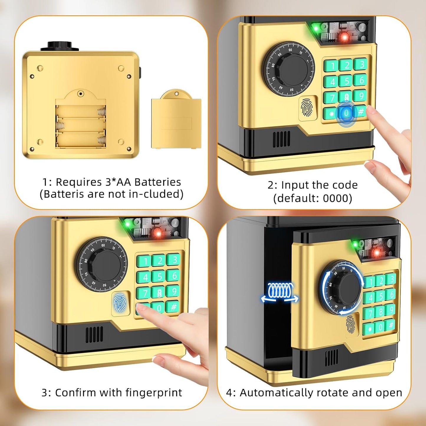 Piggy Bank, Automatic Electronic Piggy Bank for Kids Boys Girls with Password and Fingerprint Unlocking Simulation, Money Bank Kids Safe Toys for 3 4 5 6 7 8 9 10 Year Old Boy Girl (Black)