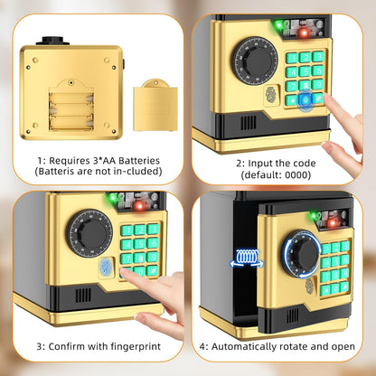 Piggy Bank, Automatic Electronic Piggy Bank for Kids Boys Girls with Password and Fingerprint Unlocking Simulation, Money Bank Kids Safe Toys for 3 4 5 6 7 8 9 10 Year Old Boy Girl (Black)