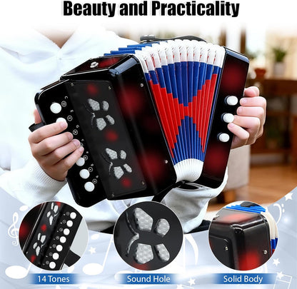 AZEAM Kids Accordion, Toy Accordion for Ages 3 5 9 7 10 12 Child Children Toddlers Beginners Kids Musical Instruments 10 Keys Button Small Lightweight for Boy Girls Christmas（Black）