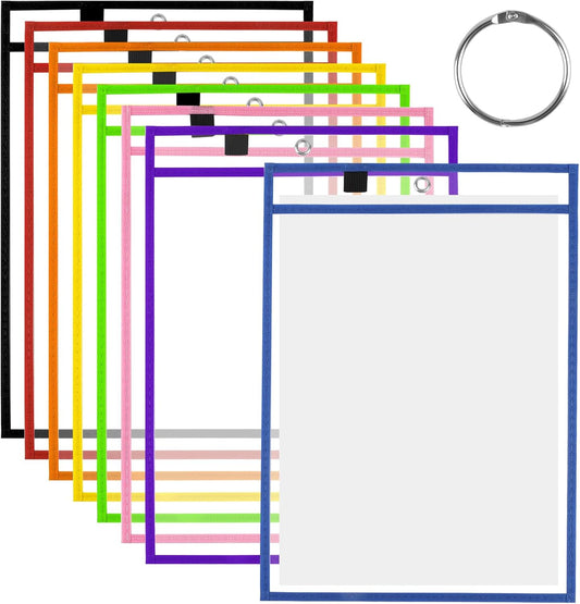 BEVTEE Dry Erase Pocket Sleeves 8 Pack, 13.5x10 Inch Clear Plastic Paper Sleeves, Heavy Duty Ticket Holder Pockets, Reusable Sheet Protectors, Teaching Supplies for Classroom Elementary, with 1 Ring