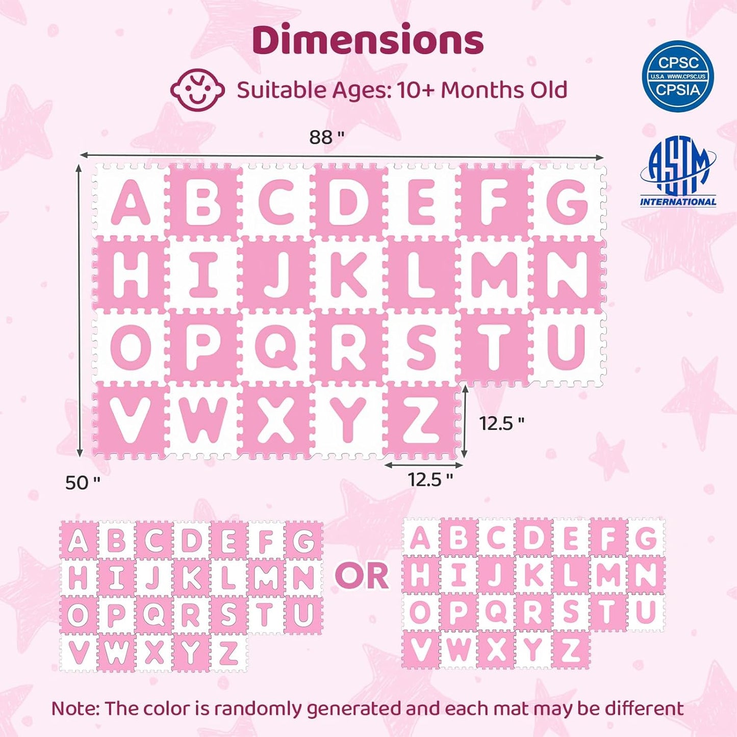 HONEY JOY Foam Floor Tiles for Kids, 12.5” x 12.5” EVA 26-Piece Interlocking Alphabet Puzzle Play Mat, Non-Slip Large Soft Carpet Rug, Easy to Clean, for Baby Crawling Exercise, Playroom (Pink)