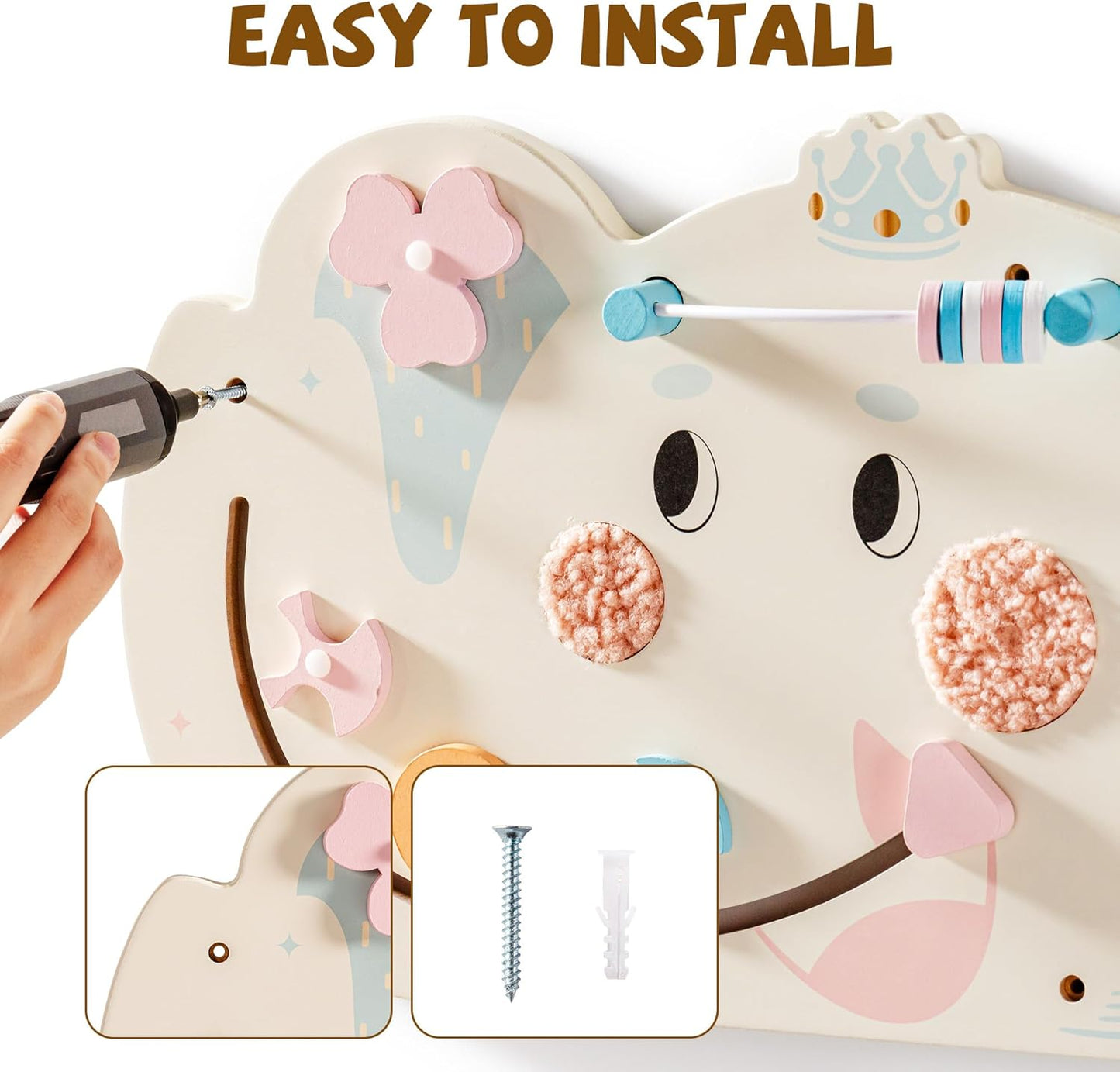 ROBUD Elephant Montessori Busy Board, 12-in-1 Activity Wall Busy Board, Montessori Sensory Wall Panel for Boys & Girls, Toddler Learning Activity Center for Playroom, Nursery, Pink
