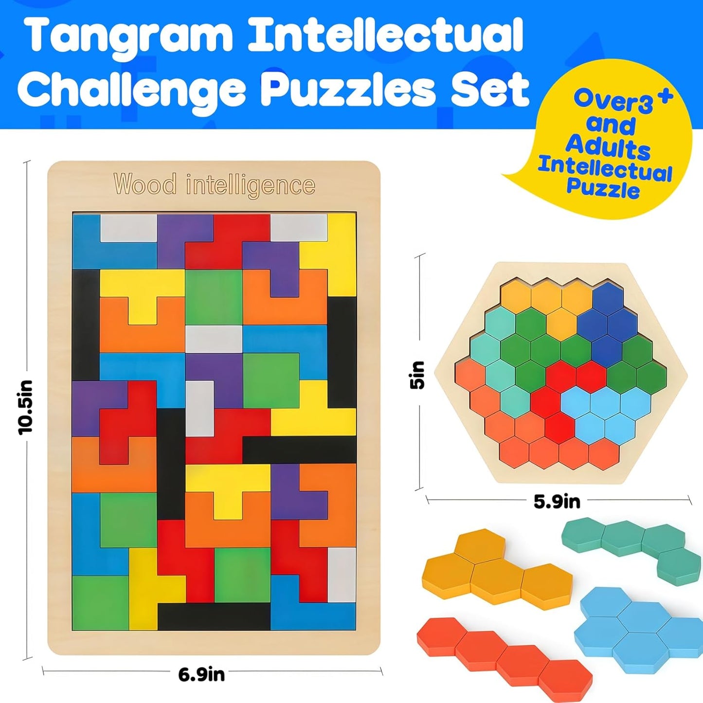 Skrtuan 5 Pack Wooden Puzzles Set - STEM Montessori Educational Board Games and Logic Traning Brain Teaser Geometric Shapes Tangram Puzzle Games for Kids Ages 3+