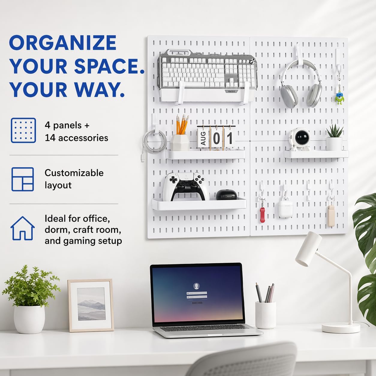 Pegboard Wall Organizer Kit – Heavy Duty 20lbs Load Bearing, Easy Installation, 4 Peg Board Panels 14 Accessories – Multi-Surface Use For Garage, Office, Kitchen & Crafts (White Pegboard,24″×24″)