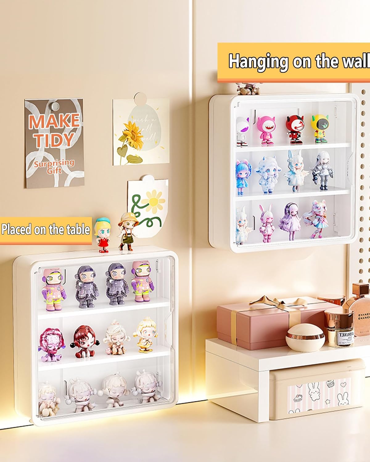 HGYZE Peg Boards for Wall with Shelf & Hooks, No Punching Craft Storage, Small Pegboard Ledges Organizer for Hanging Keychains, 4 Pack Decorative Wall Panel Kits for Blindboxes Lightweight Dolls, Pink