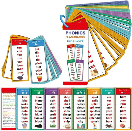 Phonics Word Cards 117 Sound Groups 900+ Rhyming Words Preschool English Discovery Joy,English Phonics Flash Cards Learning Tool,Vocabulary Pronunciation Training Tool for Home Education (1pcs)