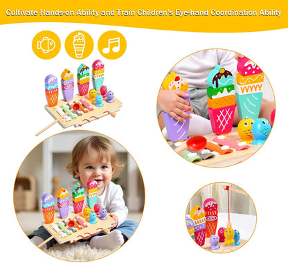 Wooden Montessori Toys for 3 Year Old，Shape Sorter Stacking Games, Fishing Games Preschool Learning Educational Toys for Boys Girls Toddlers (Little Bee)