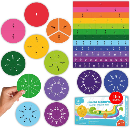 166 PCS Magnetic Fraction Tiles & Fraction Circles - Elementary Fraction Manipulatives Class Set - Magnetic Fraction Bars & Strips Fraction Kit, Fraction Magnets, Math Manipulatives - Simply Magic
