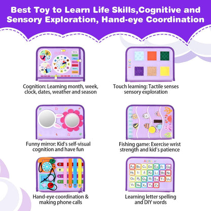 JHkim Busy Board Montessori Toys for 1 2 3 4 Year Old Boys Girls Gifts, Sensory Toy for Toddlers 1-3, Educational Activities Travel Toy for Airplane Car, Busy Book for Learning Fine Motor Skills,Blue