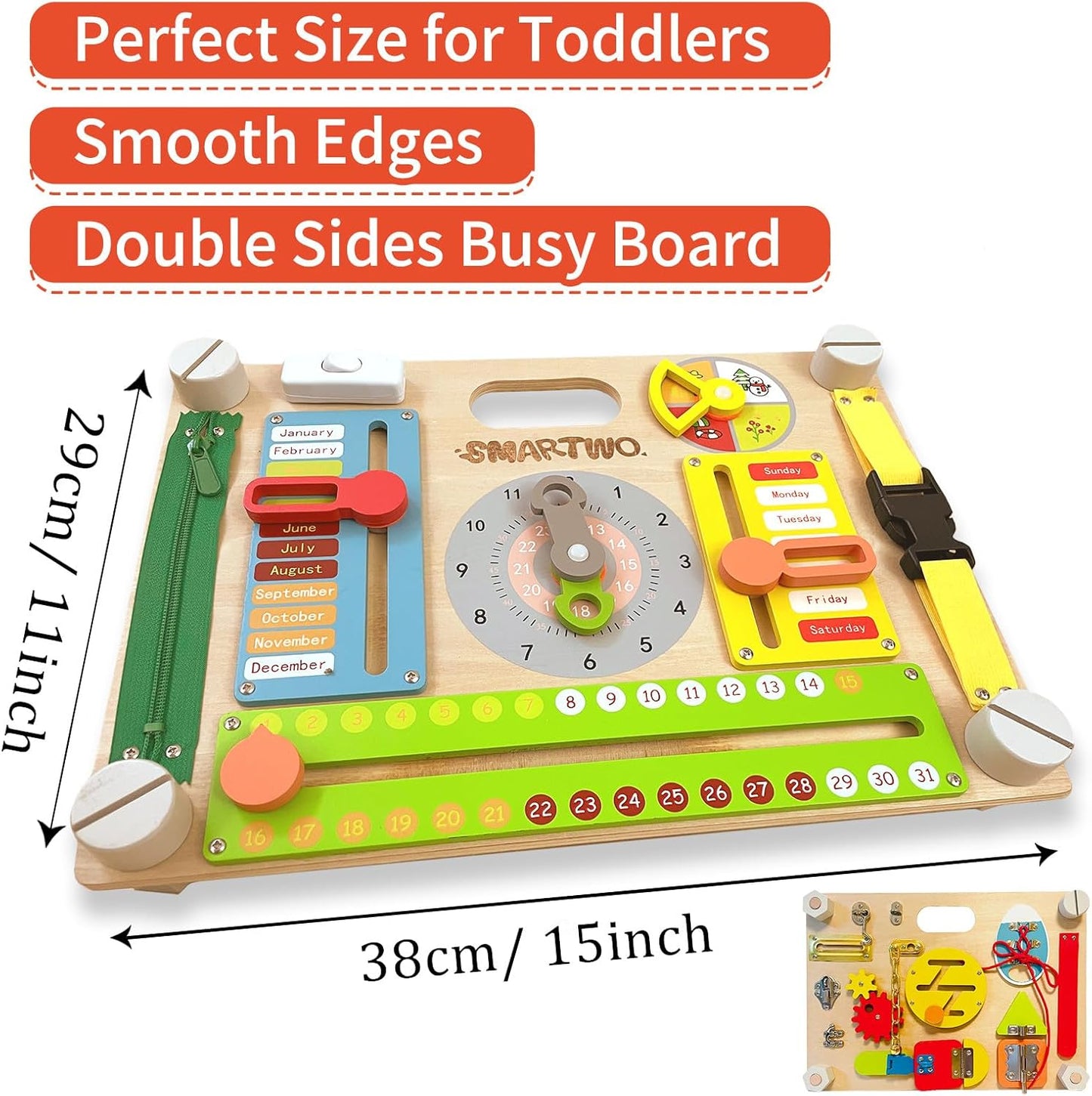 Montessori Large Double-Sided Busy Board for 1 2 3 4 Year Old- Wooden Sensory Toys -Fidget Activity Board for Toddlers Boys and Girls- Motor Skills Gifts for ADHD & Autistic Children Kids