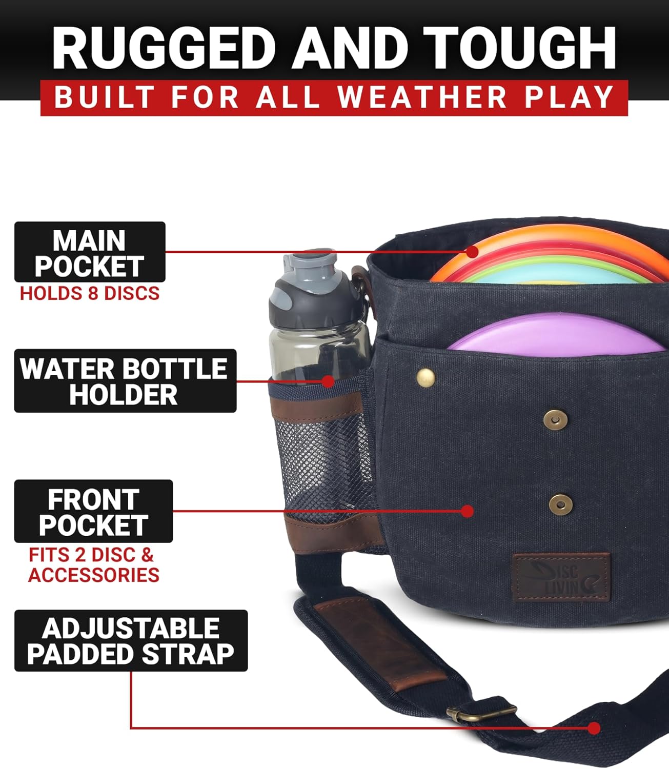 Disc Golf Bag | Frisbee Golf Bag | Easy to Carry | Lightweight Fits Up to 10 Discs | 16 oz Waxed Canvas Sturdy Design | Belt Loop | Double Button Design | Bottle Holder