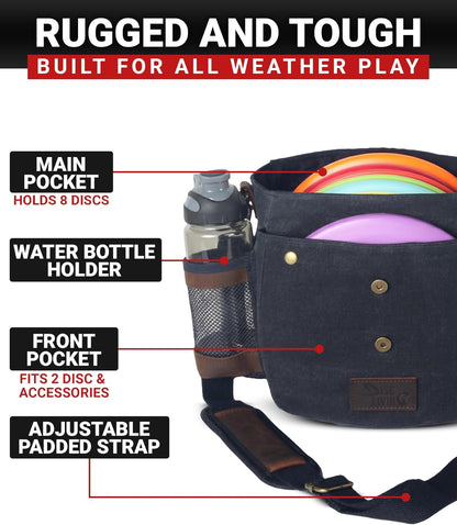 Disc Golf Bag | Frisbee Golf Bag | Easy to Carry | Lightweight Fits Up to 10 Discs | 16 oz Waxed Canvas Sturdy Design | Belt Loop | Double Button Design | Bottle Holder