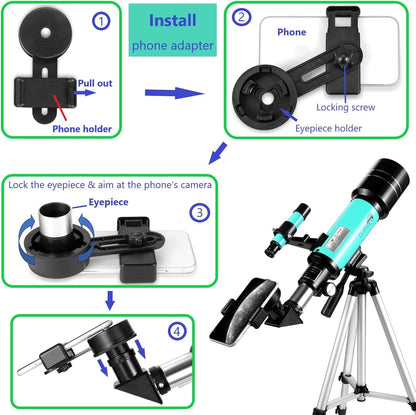 Telescope 70mm Aperture for Kids & Astronomy Beginners, Travel Telescope with Adjustable Tripod & Phone Adaper, Magnification 20X–200X