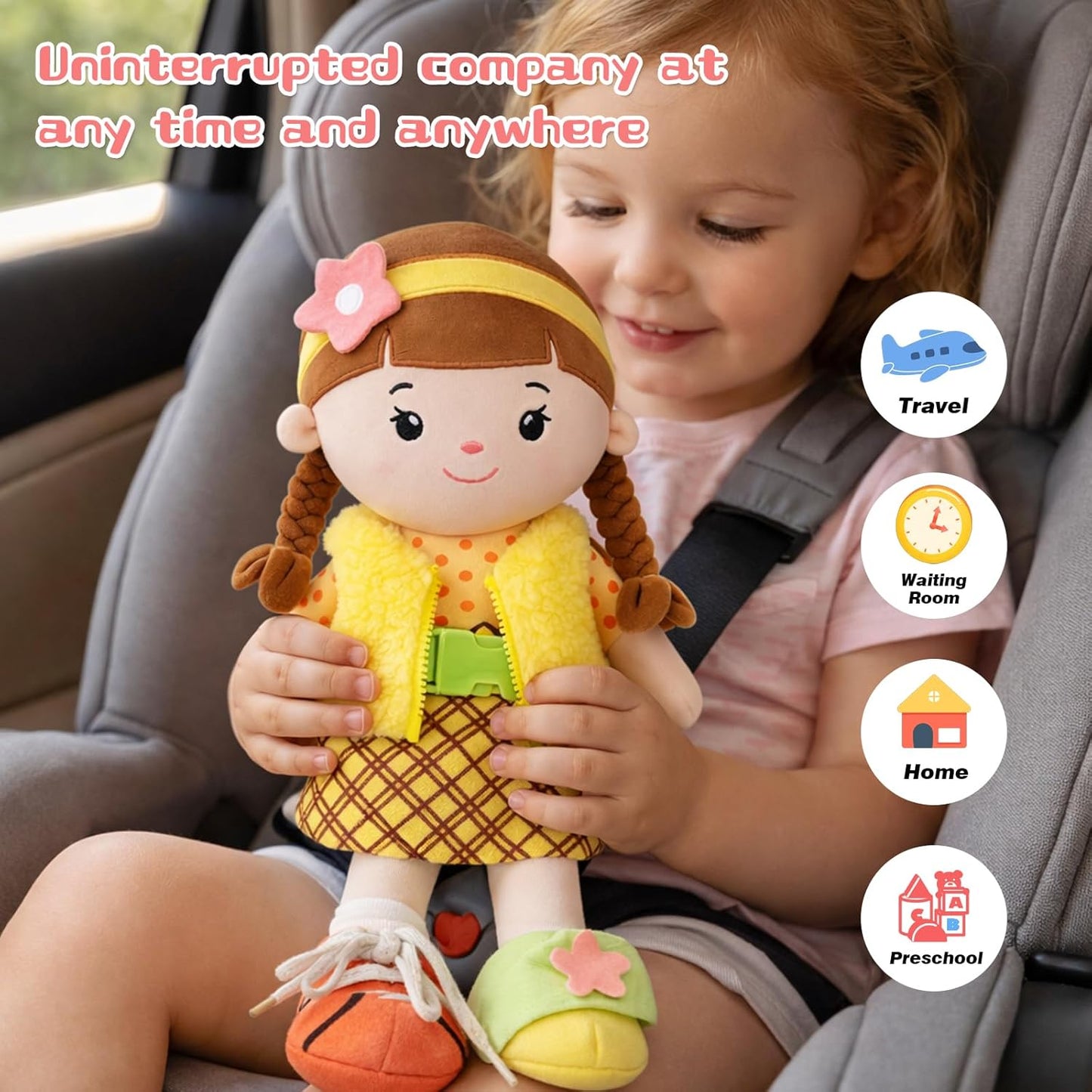 Soft Baby Doll Toys,16 inch Educational Plush Doll for Girls Learning Sensory Montessori Toy Birthday Gifts Cuddly Plush Toys for Toddler Kids (Yellow)
