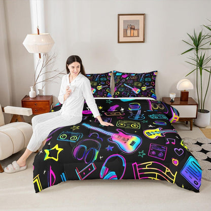 Erosebridal Drum Kit 3D Print Kids Comforter Sets Rock Music Themed Full Bedding Set for Boys Girls Musical Pattern Comforter Set,Colorful Retro Style Quilt Duvet 3 Pcs