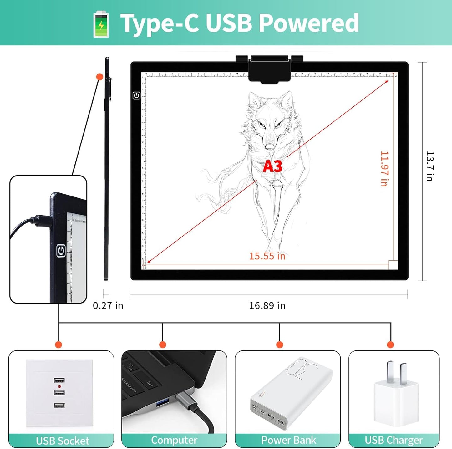 A3 Light Pad for Diamond Painting - Tracing Light Box with Stand, Stepless Dimmable 3 Levels Brightness Light Board, Ultra-Thin LED Light Pad for Weeding Vinyl, Drawing, Diamond Painting, Sketching
