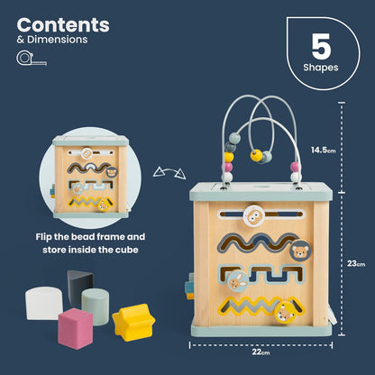 Bigjigs Toys Wooden Activity Cube - 100% FSC® Certified Busy Centre with Shape Sorter & Bead Maze, Sustainable Sensory Toys for 1 Year Old, 22cm W x 23cm H