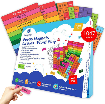 1047 PCS Poetry Magnets for Kids - Magnetic Sight Words, Refrigerator Fridge Magnets for Kids, Word Magnet for Fridge, Sentence Building, Sentence Magnet to Write Poems, Stories - Simply Magic