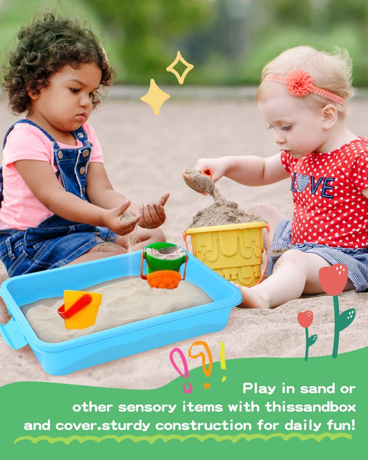 Sensory Bin Sand Tray with Lid for Toddlers 2 Pcs 15in Portable Sandbox Toy Large Plastic Tray for Kids 3 4 5 6 Fill with Sand, Water, Beads, and More (Green+Blue)