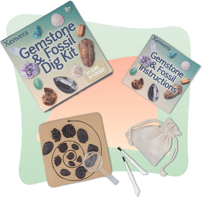 Gemstone and Fossil Dig Kit – Excavate 10 Gems and 10 Fossils, STEM Geology Set, Educational Toy, Science Kit for Kids Ages 8+