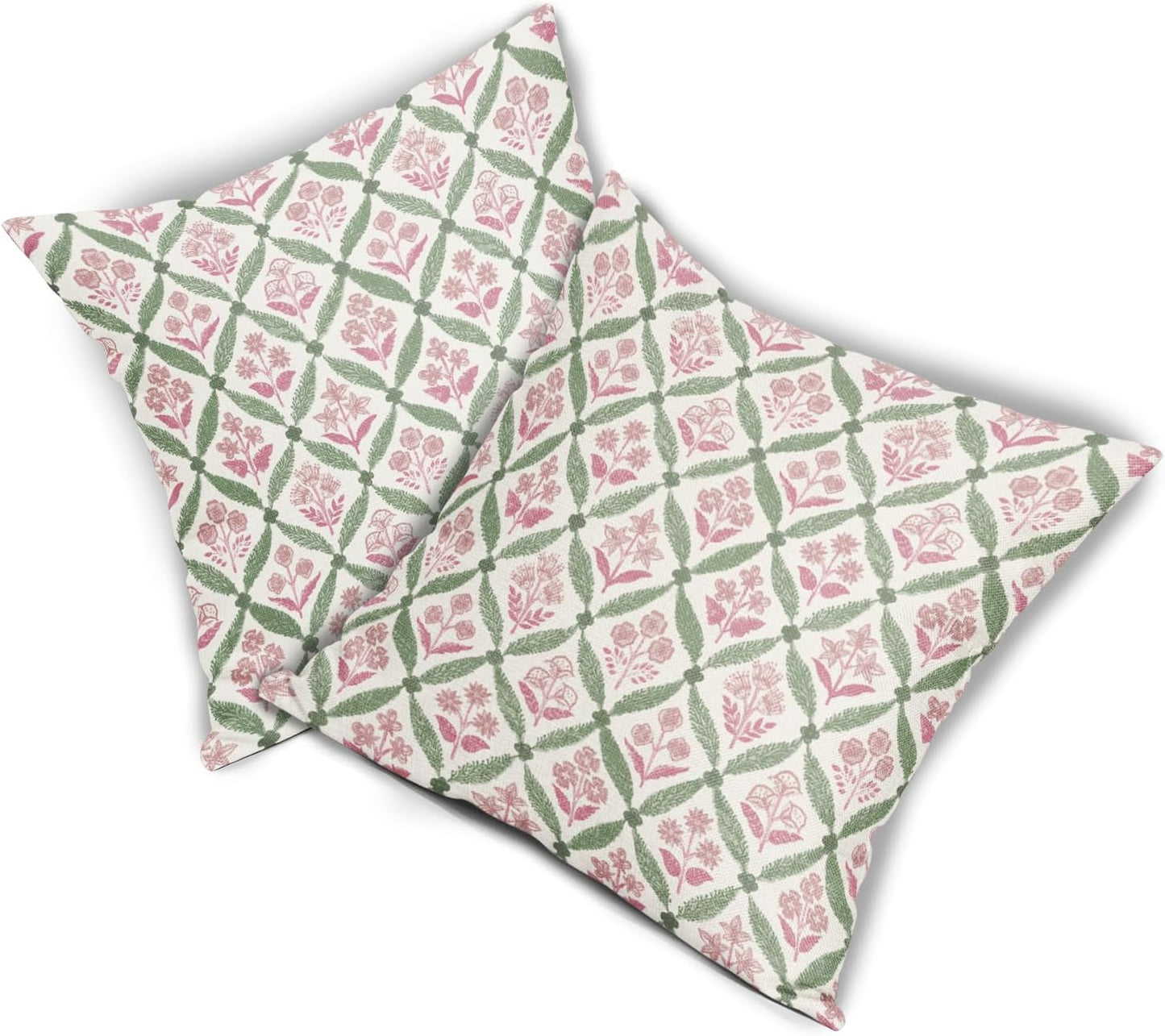 Blue Green Floral Block Print Pillow Covers 12X20 Set of 2, Flower Pattern Spring Summer Print Decorative Throw Pillow Covers Outdoor Farmhouse Seasonal Cushion Case Couch Sofa Bed Decor