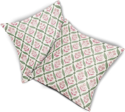 Blue Green Floral Block Print Pillow Covers 12X20 Set of 2, Flower Pattern Spring Summer Print Decorative Throw Pillow Covers Outdoor Farmhouse Seasonal Cushion Case Couch Sofa Bed Decor