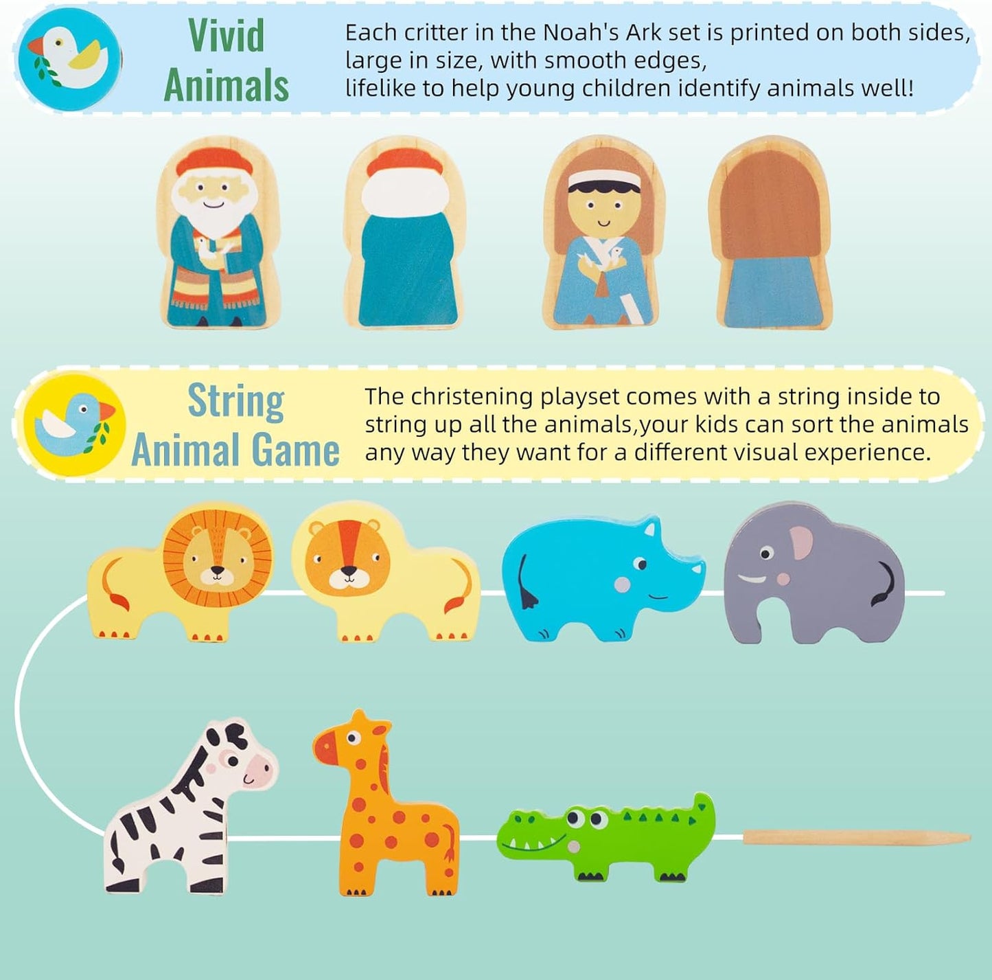 Toddlers Wooden Noah's Ark Toy Animal Playset, Shape Sorter Early Learning Montessori Toys, Baptism Gifts for 3 Boys Girls Kids