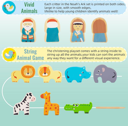 Toddlers Wooden Noah's Ark Toy Animal Playset, Shape Sorter Early Learning Montessori Toys, Baptism Gifts for 3 Boys Girls Kids