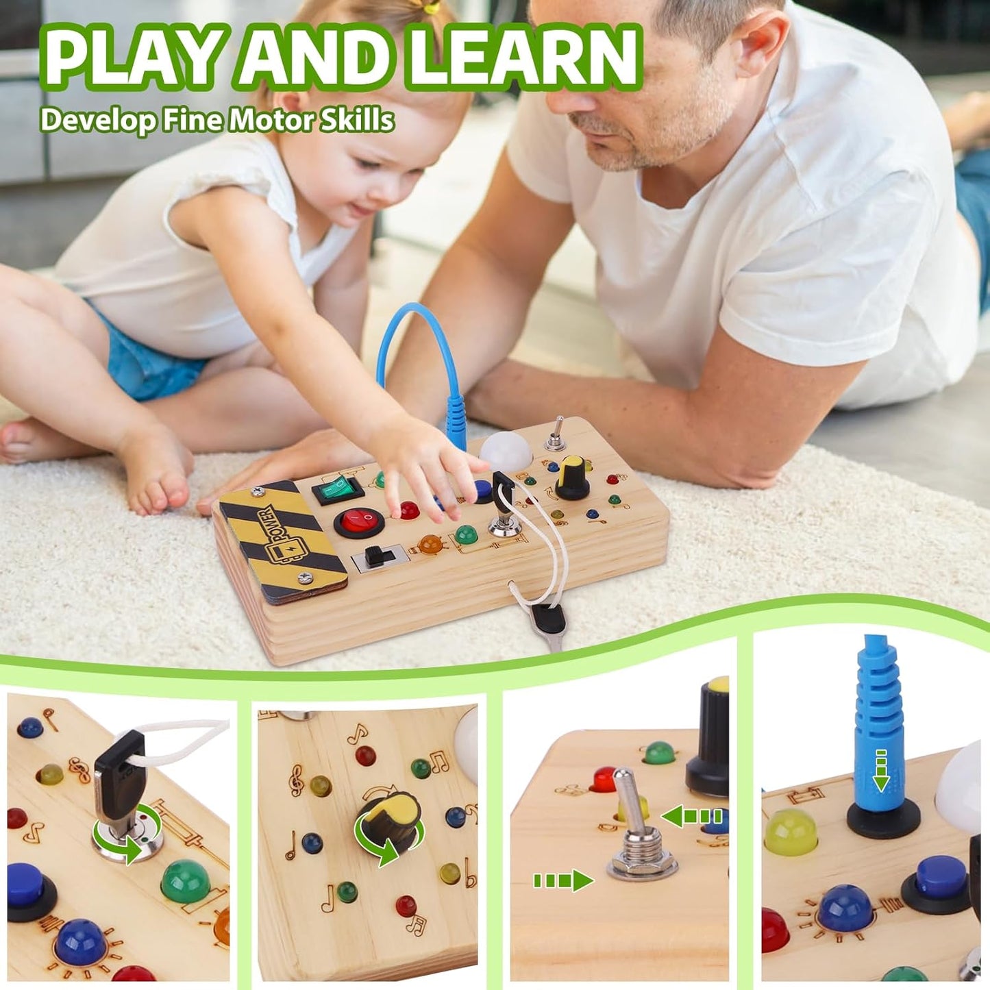 wakeInsa Busy Board with led Light， Sorting Sensory Travel Toys for Toddlers 1-3， Wooden Toddler Busy Board Montessori Toys for 1+ Year Old
