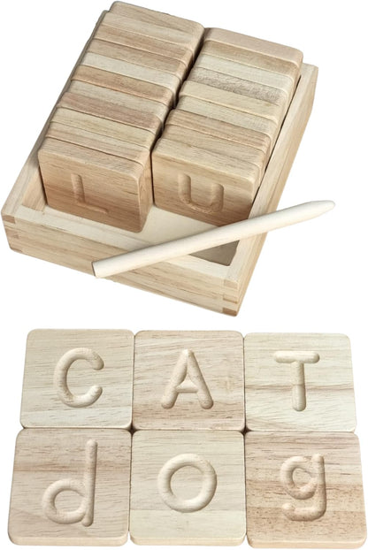 Montessori Wooden Alphabet Tiles Set – Tracing Letters for Kids | Double-Sided ABC Flash Cards (Uppercase & Lowercase) | Includes Stylus Pen & Storage Box | 26-Piece Educational Toy