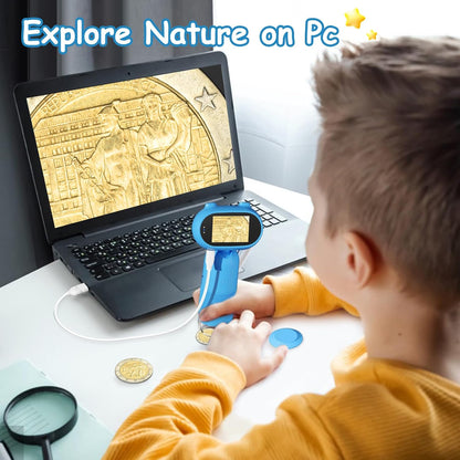 Kids Microscope 1000X Portable Microscope for Kids, Slides Digital with 2" Screen, Mini Handheld Magnifier, Pocket Coin Magnifying Glass with Light, HD 16MP Camera and 1080P Video