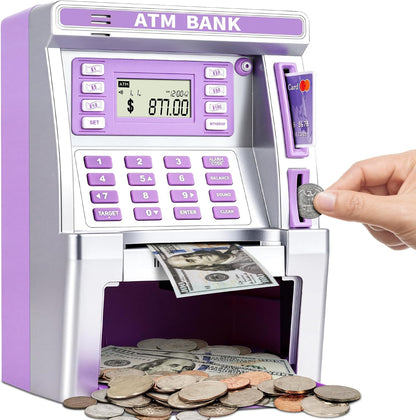 ATM Piggy Bank for Kids, ATM Machine for Real Money with Debit Card, Bill Feeder, Coin Recognition, Balance Calculator, Electronic Savings Safe Box, Gifts for Teen Boys Girls