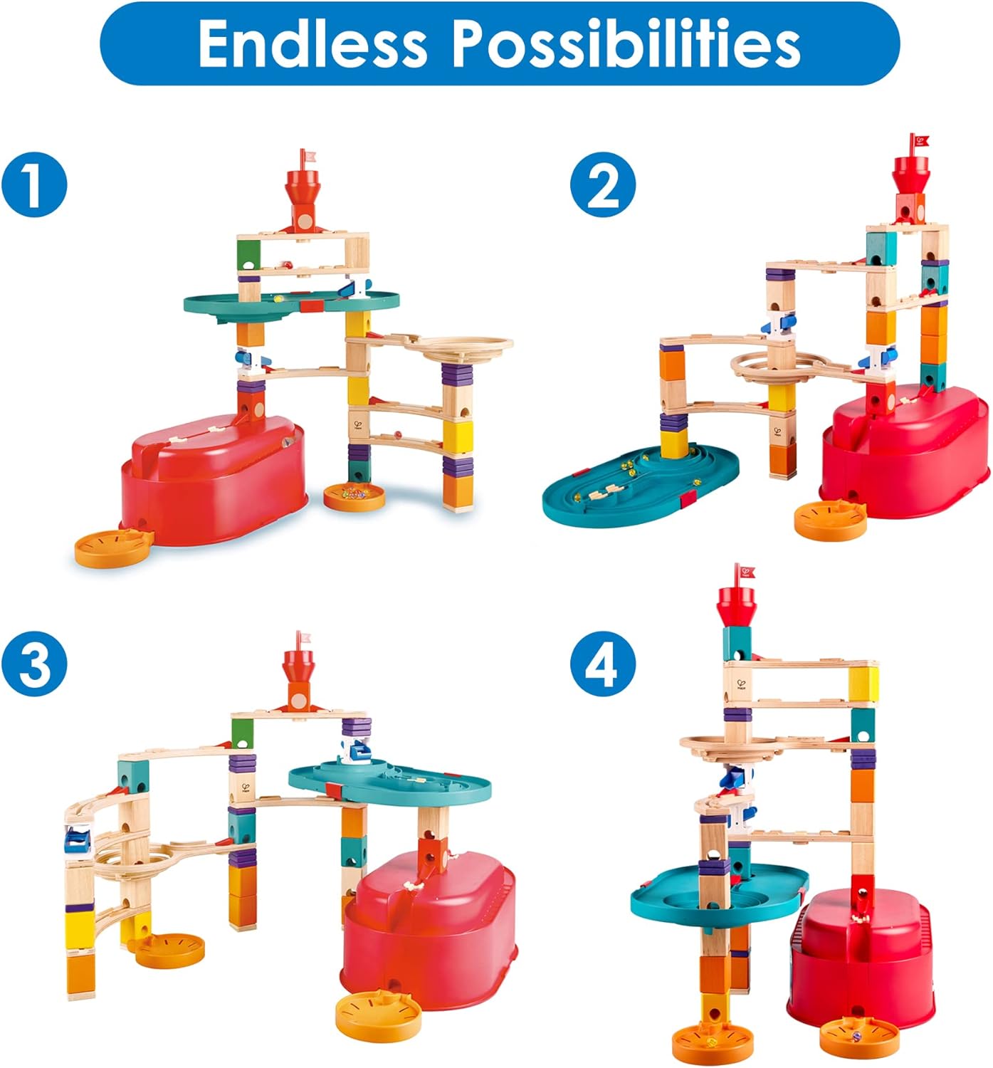 Hape 90 Piece Quadrilla Stack Track Bucket Box Marble Race Building Set for Children Ages 4 and Up with 25 Marbles for STEAM Learning