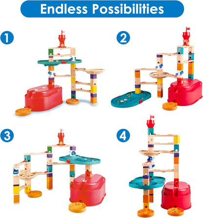 Hape 90 Piece Quadrilla Stack Track Bucket Box Marble Race Building Set for Children Ages 4 and Up with 25 Marbles for STEAM Learning