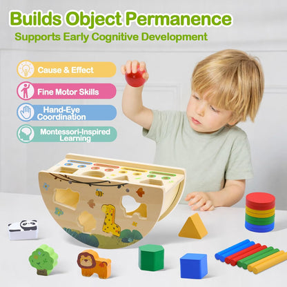 Montessori Busy Box for Toddlers 1-3, Wooden Object Permanence Coin Box with Shape Sorter & Animal Matching, Sensory Fine Motor Learning Toy with Wobble Base, Gift for 1 2 3 Year Old