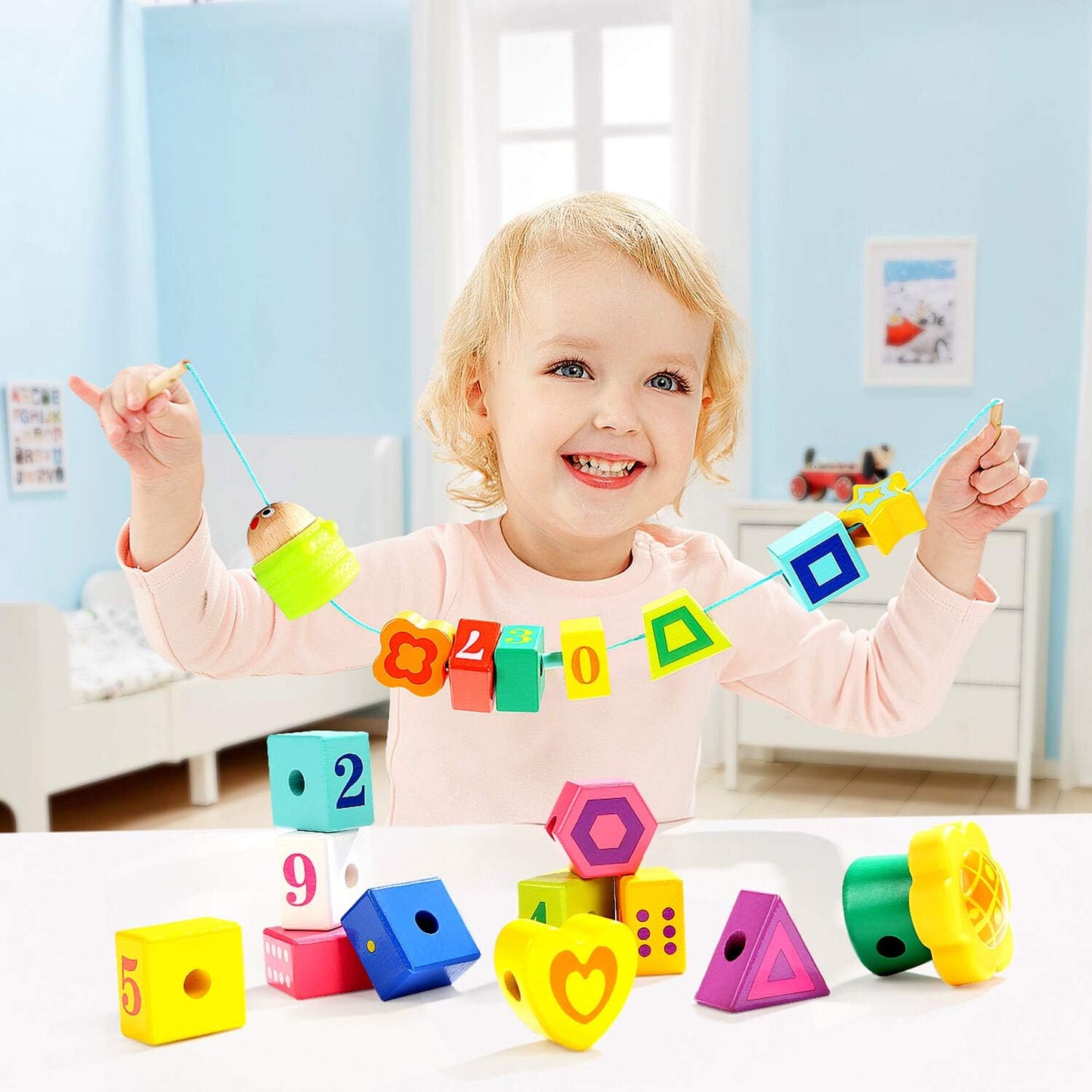 TOP BRIGHT Wooden Lacing Beads for Toddlers, Kids Fine Motor Skills Montessori Toys for 1 2 Year Old Girls Boys, Threading Toys for Two Year Old Girl Birthday Gifts