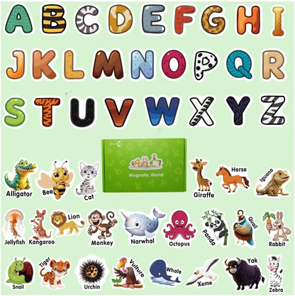 Animal Magnets Letters Refrigerator for Kids Toddlers, 32 Fridge Magnetic Animal Toys Set with Clear & Big Letters Educational Spelling Early Learning Tool