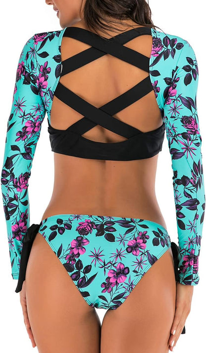 JadeRich Women's Fashion Pattern Long Sleeve Tankini Sets UPF 50+ Rash Guard Swimsuit Sun Block Swimwear