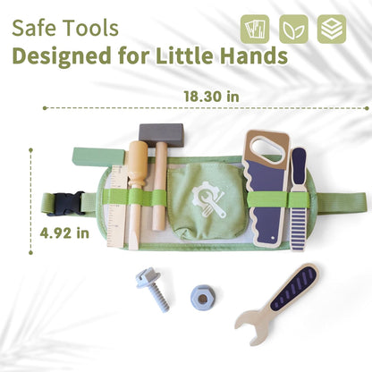 Freniland Kids Tool Belt Set with Adjustable Strap - 6 Wooden Tools & Screw for Toddlers 3+ Pretend Play - Durable Educational Toy