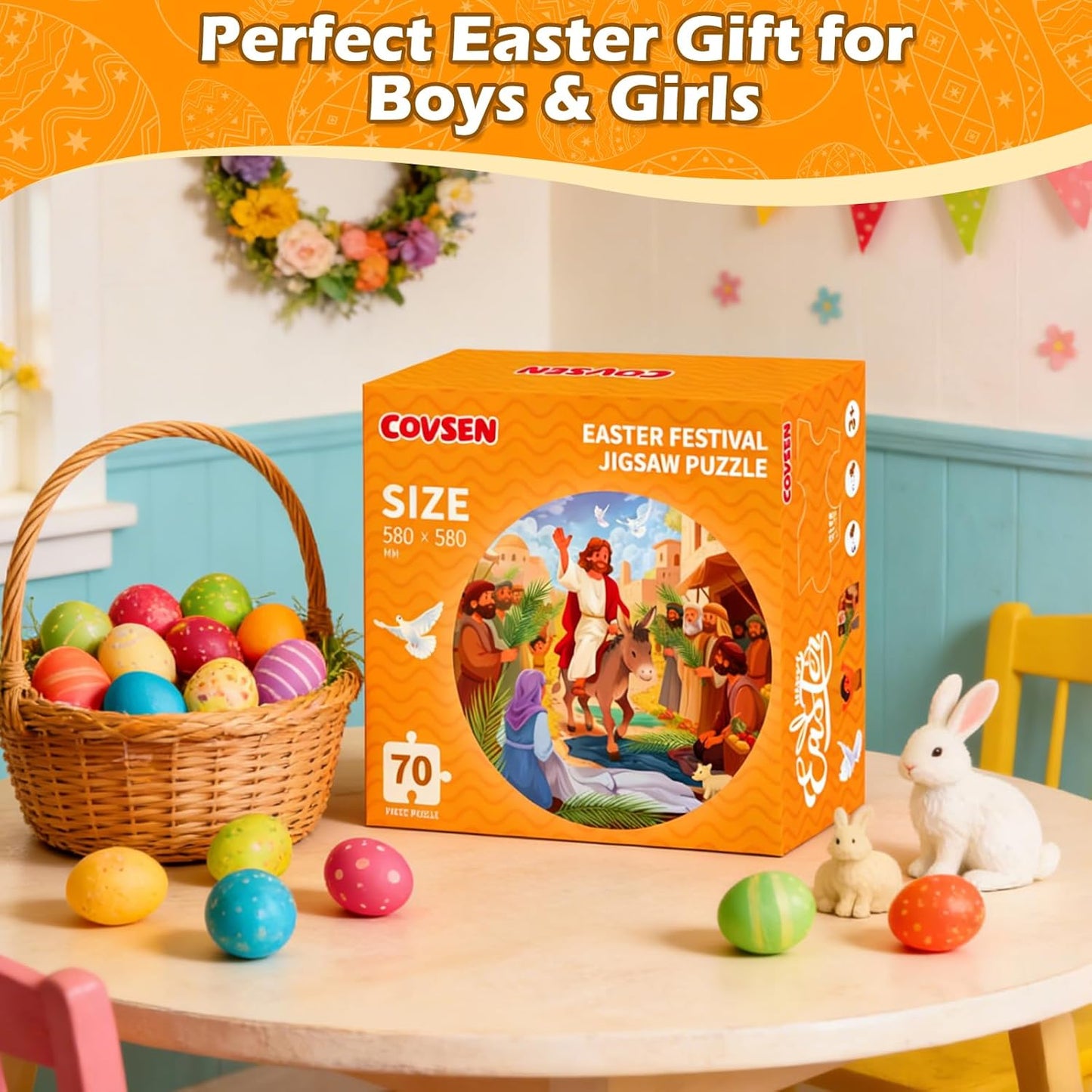 Christian Bible Jigsaw Puzzle for Kids, 70 Piece Jesus Floor Puzzle for Kids, Jesus’ Triumphal Entry Puzzle Educational Toy for Sunday School, Holy Week, Palm Sunday – Gift for Boys & Girls Ages 3-8